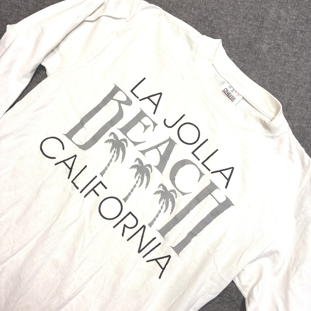 Oneita Long Sleeve T-Shirt Women Large White La Jolla Beach California Vintage